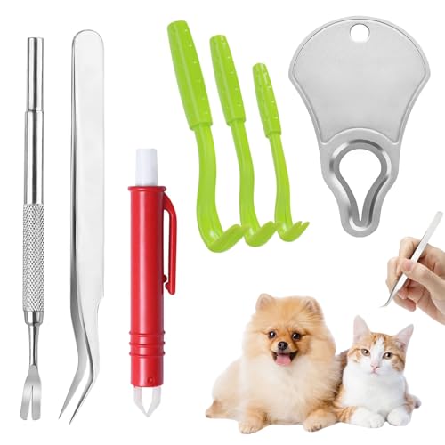 Muorruo Set di 7 Strumenti per la rimozione delle zecche, pinzetta in Acciaio Inossidabile + Chiave zecche, Strumento di rimozione Veloce e Sicuro per Cani, Gatti e Persone