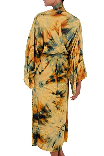 Novica Handmade Long Fancy Robe For Women With Yellow Batik Pattern, Golden Firebirds' #TOP1