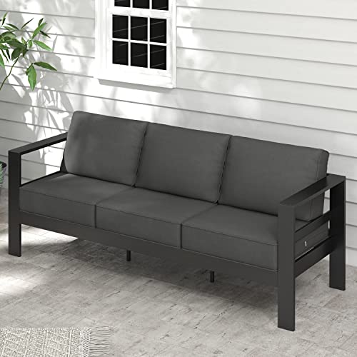 Betterhood Outdoor Aluminum Patio Furniture Set, Modern Outdoor Sectional With 5" Cushion & Wide Armrest & Backrest, Patio 3-Seat Sofa For Balcony, Garden, Dark Grey #TOP28