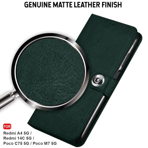 Image of Genuine Leather Finish Flip Back Cover Case for Mi Redmi A4 5G / Redmi 14C 5G / Poco C75 5G / Poco M7 5G | Inbuilt Pockets & Stand | Designer Button Magnet Flip Cover (Faux Leather (Green)