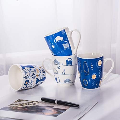Set of 4 340ML/11.5 oz Blue and White Cat Coffee Mugs, Milk Tea Ceramic Porcelaiin Mugs Set