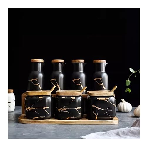 CAFIEDR Juego de recipientes para condimentos de cerámica con Tapa de Cuchara de bambú, Bandeja, aceitera, Caja para condimentos para el hogar, Cocina, Sal y Pimienta, Caja para (Negro)