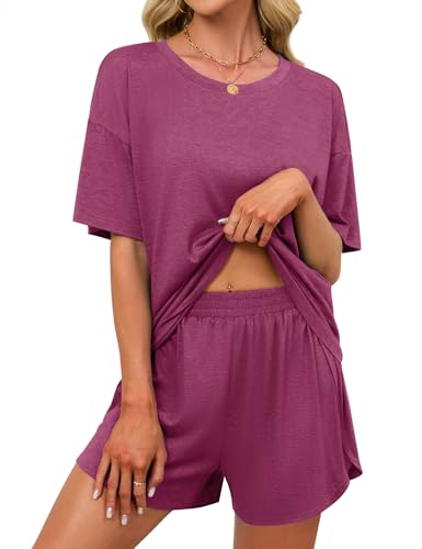 Image of JUSTFASHIONNOW Womens Pajama Sets Shorts Striped Print Two Piece Lounge Sets Crew Neck Sleepwear Split Shorts Set Soft Pjs