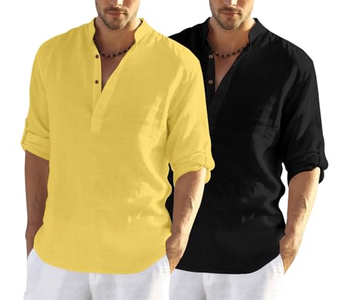 Image of Zombom Men's Combo Cotton Polyester Blend Solid Full Sleeve Straight Regular Fit Mandarin /Chinese Collor Kurta (Pack of 2)