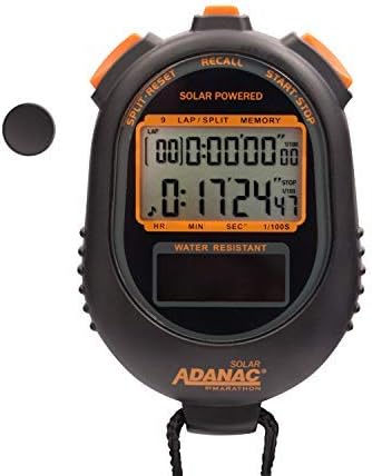 ADANAC Solar 9 Lap Memory Digital Stopwatch with Solar and Battery Power (Black/Orange)