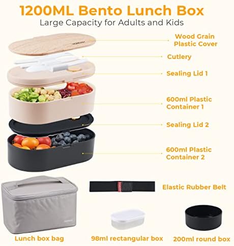 homeasy Bento Box, Lunch Box with Cutlery Set and 2 Sauce Pot, 2 Tiers Bento Lunch Boxes 1200ML Container BPA-Free Food Material Ideal for Adult/Kids/Student, Black with Insulated Bag