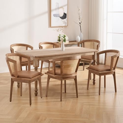 Image of BESTANO Rattan Dining Chairs Set of 6, Mid Century Modern Farmhouse Wood Dining Room Chairs, Leather Upholstered Comfortable Kitchen Dining Side Chair with Cane Woven Back, Brown