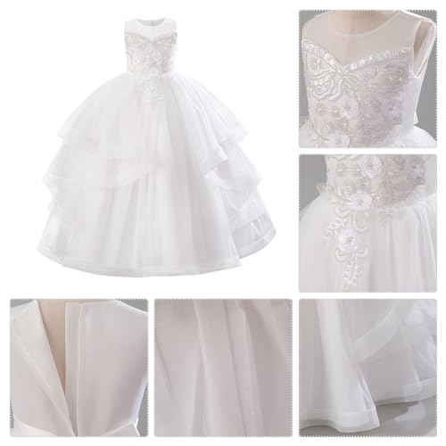 IDOPIP Sequin Flower Girl Dress for Girls Party Wedding Gown Princess Pageant Birthday Tulle Dress for Kids Long Prom Ball Formal Maxi Dresses Junior Bridesmaid Communion Dresses White 13-14 Years - Thumbnail 6