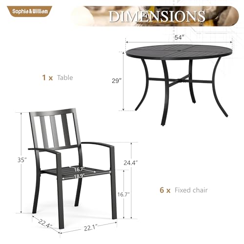 Image of Sophia & William Round Patio Table and Chairs Set, Outdoor Dining Set for 6, 7 Piece Metal Patio Furniture, 54 inch Black Table(Stripe)