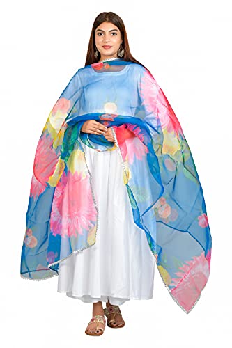 Dupatta en organza bleu royal Aashita Creations | Étole indienne fleurie pour femme