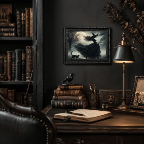 Black Framed Wall Art Halloween Gothic Witch Canvas Print Moonlit Witch with Black Cat Decor Picture Dark Academia Moody Halloween Artwork for Living Room Bedroom 9x11 inch - image 2