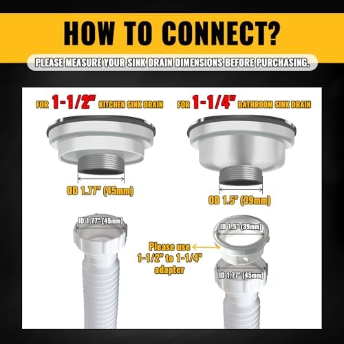 VIVIDA 1-1/2" Sink Drain Pipe Kit, Flexible Drain Pipe P Trap, 7.5"-17.7" Flexible P Trap, Under Sink Plumbing for Bathroom & Kitchen, 1-1/4" Adapter Included, 1 PACK