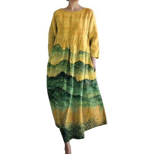 Vacation Dresses for Women | 3/4 Sleeve Landscape Print Casual Maxi Dresses - Retro Resort Clothes with Pocket for Travel