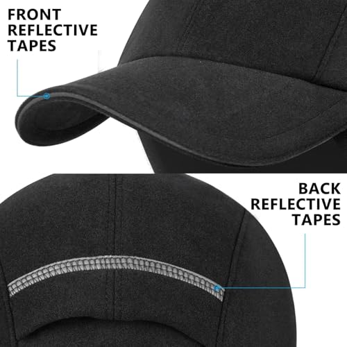 GADIEMKENSD Winter Fleece Hats Reflective Ponytail Hat for Women Baseball Caps with Earflap Drop Down Ear Warmer Mens Skull Cap Beanie with Visor Cold Hat for Outdoor Snow Ski Hiking Running Black