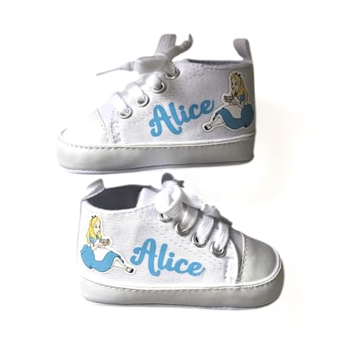 Scarpine Neonato, Scarpette Personalizzate con Nome, Scarpe da Culla con Stampa (Alice, 0-3 mesi)