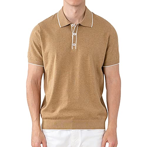 ALTAIREGA Mens Polo Shirt Short Sleeve Golf Pullover Knit Cotton Slim Fit T Shirt for Summer,Khaki M