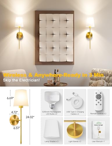 Battery Operated Wall Sconce Set of 2,Gold Wireless Wall Sconce with 5200mAh Dimmable Detachable Bulbs and Remote, 10 Colors Rechargeable Sconces Decor for Bedroom Living Room Hallway