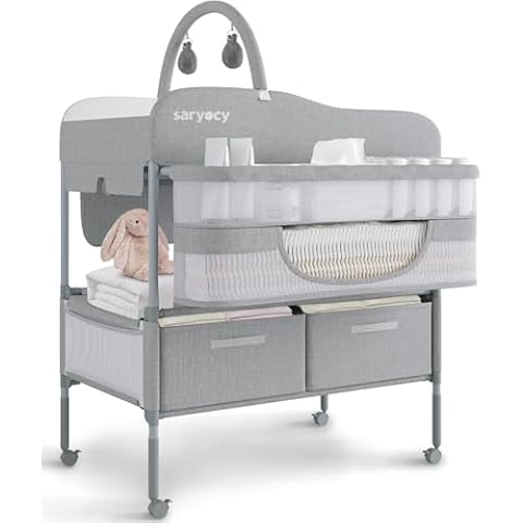 Saryocy Baby Changing Table, Versatile Folding Changing Table, Waterproof Diaper Changing Station, Adjustable Height with 2 Drawers,Baby Changing Station, Mobile Nursery for Infant and Newborn Cover