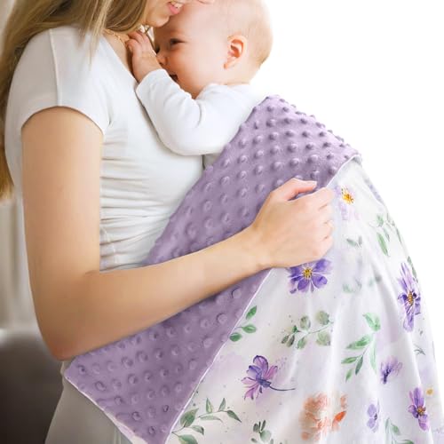 Image of BORITAR Baby Blanket Super Soft Double Layer Minky with Dotted Backing for Girls, Receiving Blanket with Elegant Purple Floral Printed Blanket 30 x 40 Inch(75x100cm)