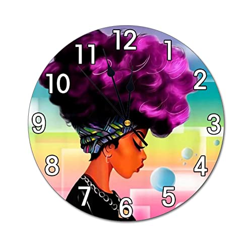 Abucaky African American Woman Wall Clock Battery Operated Silent Non Ticking Black Girl Round Clock Ethnic Style Wall Decor For Home Kitchen Living Room 9.8 Inch #TOP6