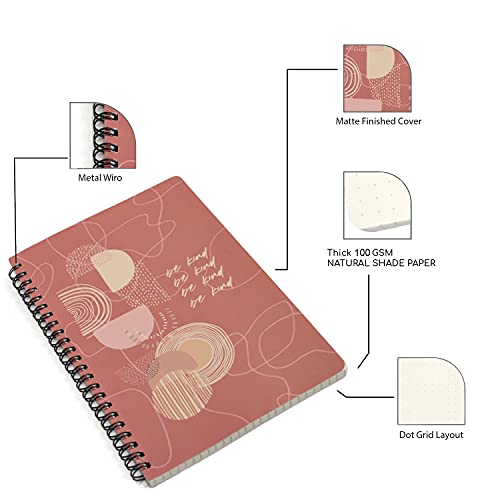 Image of PAPBOO A5 Handy, BE KIND, Easy to Carry Spiral Wiro Notebook : 100 GSM Natural Shade Paper, Dot Grid, 120 Pages, Journal, Diary, Gift