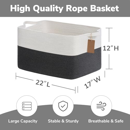 Image of Goodpick 75L Extra Large Woven Rope Blanket Basket, Rectangle, Dark Gray