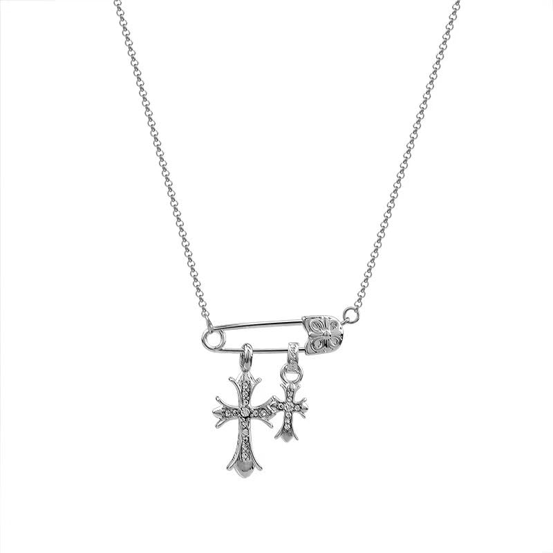 DIAMANTIO Sterling Silver Safety Pin Necklace with Dual Cross Pendants Cubic Zirconia Gothic Charm Statement Jewelry