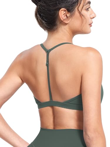 Image of YEOREO CoreFlex Sports Bras for Women Strappy Padded Halter Open Back Light Impact Deep V Neck Yoga Workout Gym Tops