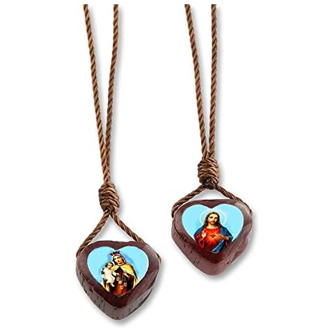 Catholic Wear Wooden Brown Small Heart Shape Scapular Necklace, Made in Brazil, Pack of 6 Cover