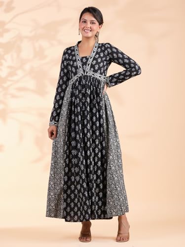 Image of Vbuyz Women's Floral Print Anarkali Cotton Aqua Blue Stitched Kurta | Anarkali Kurti for Women | Kurta for Women