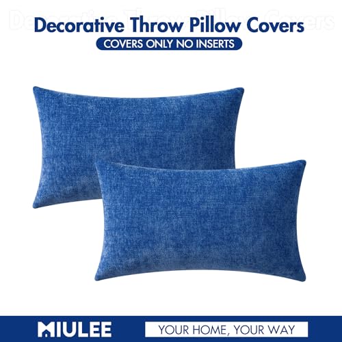 Image of MIULEE Pack of 2 Couch Throw Pillow Covers 12x20 Inch Soft Royal Blue Chenille Lumbar Pillow Covers for Sofa Living Room Solid Dyed Cases
