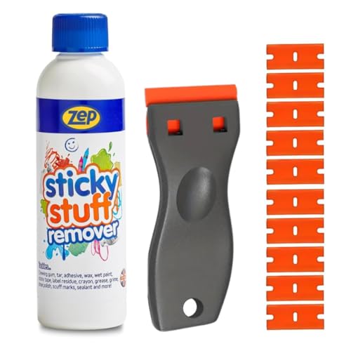 Zep Sticky Stuff Remover With Plastic Scraper Tool & 10 Blades - 250ml Work As A Sticker Remover, Sticky Label Remover, Adhesive Remover, Car Sticker Remover And Much More