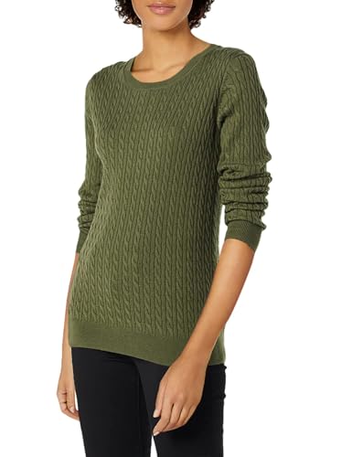 Amazon Essentials Women's Lightweight Cable Knit Long-Sleeve Crewneck Jumper (Available in Plus Size), Dark Olive, XS