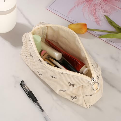 Image of Cute Bow Pencil Pouch, Corduroy Pen Case, Small Makeup Bag for Women Office