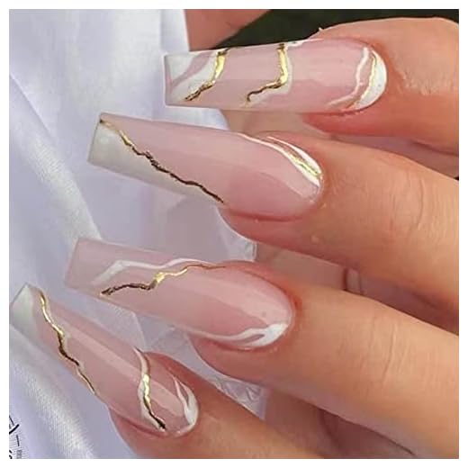 Hkanlre Gold Fake Nails Long Press on Nails Coffin Acrylic Geometry False Nails Full Cover Nails for Women and Girls 24PCS