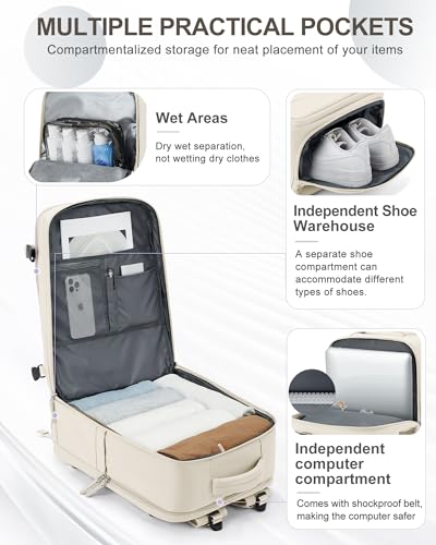 Image of coowoz Large Travel Backpack Carry On for Women Man Gym Backpacks with Laptop Compartment Mochila de Viaje Teacher Personal Item Backpack Rucksack Airplane Accessories Must Haves Beige