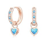 Lynizo Hoop Earrings for Women Girls, 925 Sterling Silver Drop Earrings with Heart Pendant, 12mm Small Hypoallergenic Sleeper Dangle Earrings with Aquamarine Zircon, Rose Gold Jewelry Gifts for Kids