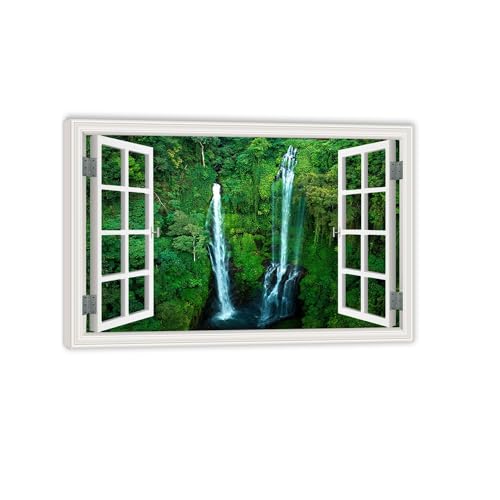 Image of MOBYAT Open Window Forest Canvas,Sekumpur Bali Waterfall,Waterfall Painting Wall Art Nature Landscape Print on Canvas Giclee Print for Living Room Wall Decor45x30cm(18x12in) inner frame