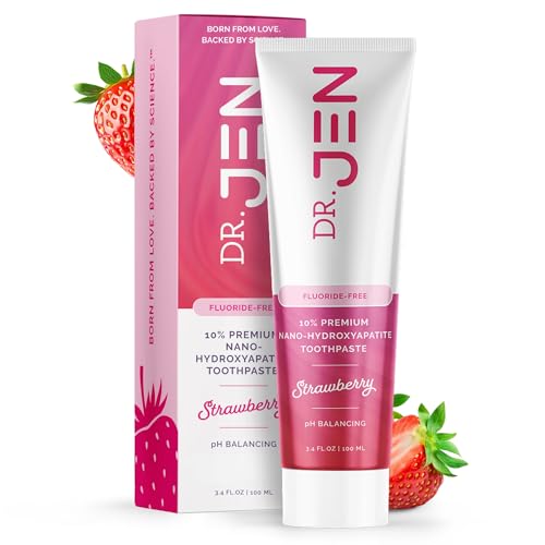 Image of Dr. Jen Fluoride Free Toothpaste with 10% Premium Nano Hydroxyapatite, Xylitol & Glycerin, Remineralizing Daily Oral Care for Sensitive Teeth, Travel Essentials, Strawberry, 1 Pack