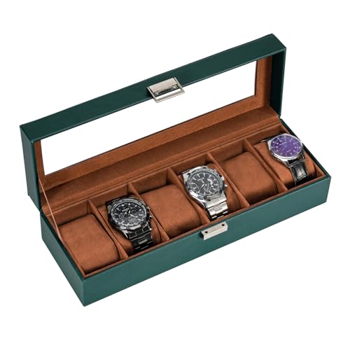 ProCase Caja de Relojes con 6 Compartimentos, Caja Guarda Reloj con Tapa de Cristal y Cojín Extraíble Organizador para Hombres y Mujeres -Verde