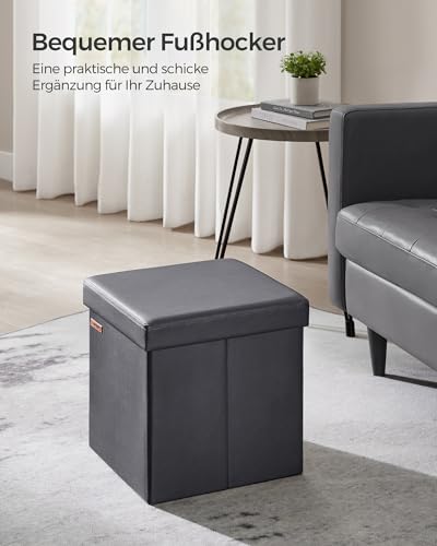 SONGMICS Sitzhocker 38 cm, Aufbewahrungsbox faltbar, Fußhocker mit Deckel, aus Kunstleder, bis 300 kg belastbar, für Eingang, Wohnzimmer, Schlafzimmer, schiefergrau LSF010G01
