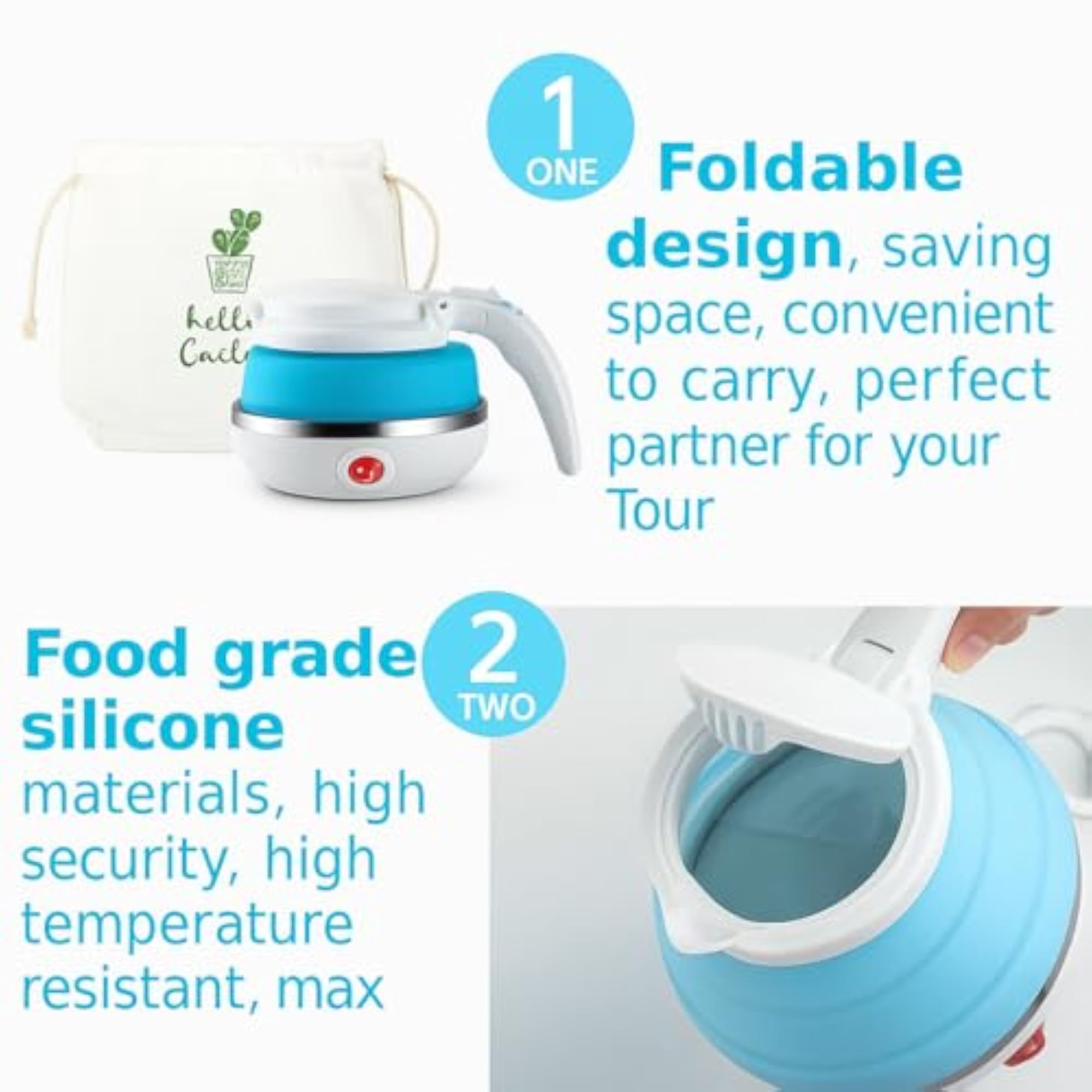 Kin-Kart Travel Folding Electric Kettle, Fast Boiling Portable Kettle