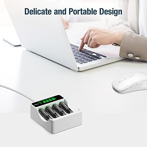 HiQuick LCD 4-slot Battery Charger for AA & AAA Rechargeable Batteries, Type C and Micro USB Input, Fast Charging Function, Intelligent Battery Detection Technology, AA AAA Battery Charger