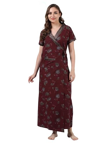 Image of 9shines Label Stylish Cotton Nighty Robe for Women | Front Open Floral Housecoat | Wrap Nighty with Pocket | Adjustable Waist Tie | Plus Size housecoat (HC-2026)