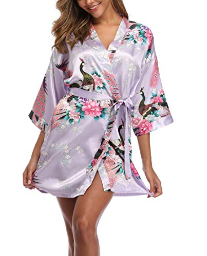 Sueshop Women's Floral Satin Robe Short Silk Bridal Robe Printing Peacock Kimono Sleepwear Light Purple