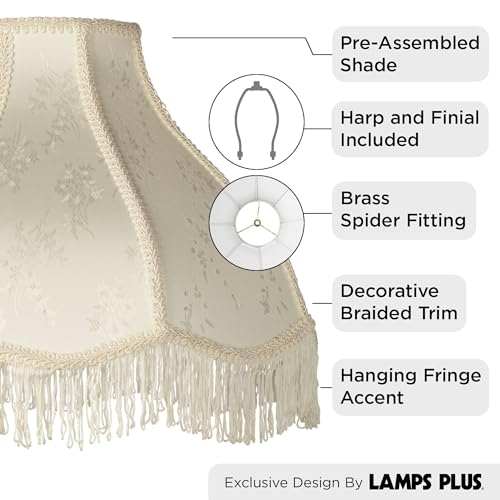 6" Top x 17" Bottom x 11" High x 12" Slant Lamp Shade Replacement Large Cream White Dome Traditional Fabric Fringe Floral Scalloped Spider Harp Finial - Springcrest