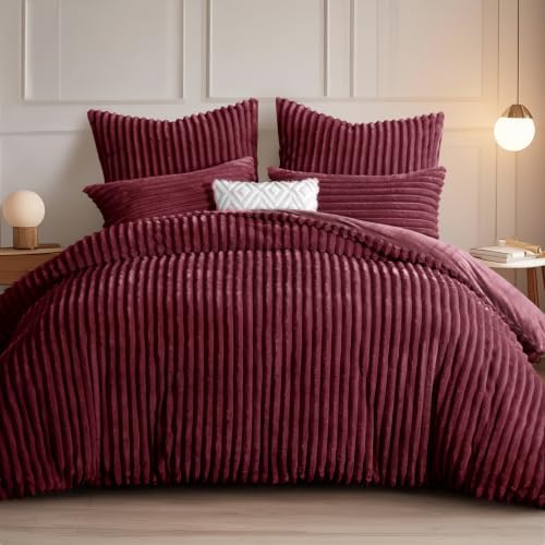 RUIKASI Winter Flanell Bettwäsche 220 x 240 Burgundy 3teilig Plüsch Warm | Kuschelige Flauschige Winterbettwäsche, Cord Teddy Fleece Cashmere-Touch Bettbezug mit Reißverschluss + 2