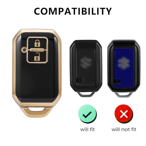 Image of TPU Car Key Cover Black & Golden Compatible for Suzuki Ertiga, Swift, Dzire (Suzuki, 3 Button Push Smart Key)