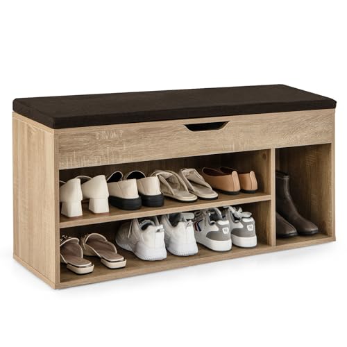 COSTWAY Banc à Chaussures Rembourré, 3 Compartiments & Rangement Caché, Étagère à Chaussure en Bois, Meuble de Rangement pour Salon, Entrée, Chambre, Charge 150 kg, 30 x 104 x 48 cm (Naturel)