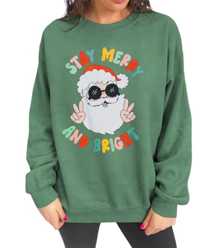 KEKEMI Women's Christmas Sweatshirt Vintage Santa Sweater Crewneck Xmas Tree Coffee Graphic Shirts Oversized Pullover Top